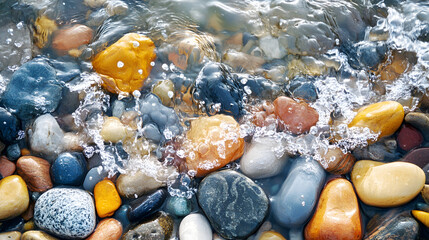 Colorful pebbles washed by gentle waves at the water's edge, creating a serene and calming atmosphere.