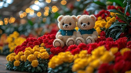Adorable Teddy Bears Amidst Vibrant Chrysanthemums