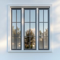 Close up of a window with reflection of trees and a blue sky seen