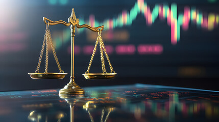 A golden balance scale representing justice, set against a backdrop of stock market graphs and data analysis.
