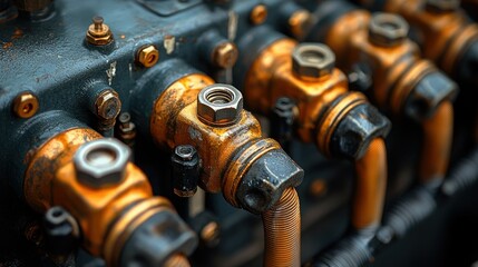 Close-up of a vintage engine's intricate copper and metal components.  Detailed view of valves, nuts, and pipes