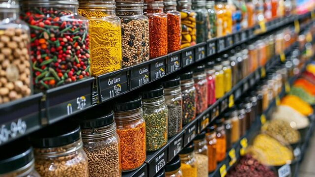 This vibrant selection of spices in jars fills market shelves, showcasing various colors and textures.
