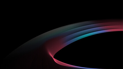 Abstract colorful colorful glowing linear wave on black background. Futuristic concept of dynamic movement. Flowing undulating lines. Technological gradient background. Suitable for website, cover, ba