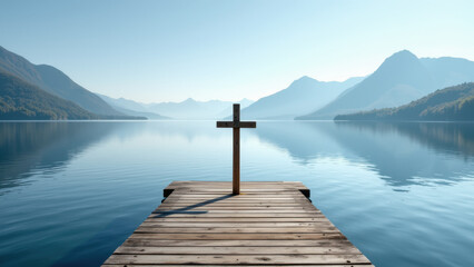 Fototapeta premium A serene wooden dock at sunrise with a Christian cross at its end overlooking calm waters reflecting the surrounding mountains.