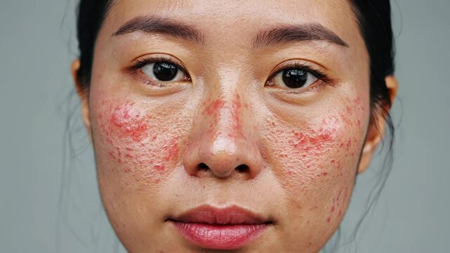 Close-up portrait of a woman's face showing skin redness and inflammation, potentially rosacea or another skin condition, studio shot
