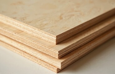 Close-up of stacked plywood sheets. Construction material from natural wood. Wooden texture shows layers, patterns. Building supplies, used furniture production. Eco-friendly construction with