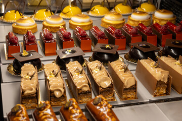 Austrian desserts, different types of chocolate and fruit cakes in traditional bakery cafe in Vienna, close up