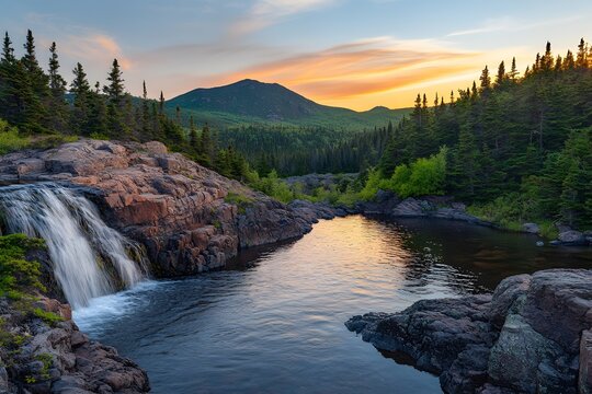 Waterfall flowing into river surrounded by trees and mountain at sunset under cloudy sky view
