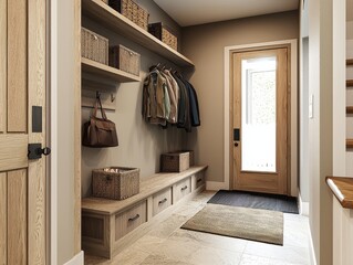 A well-organized entryway with a wooden bench and storage, perfect for keeping belongings tidy and the space welcoming. 
