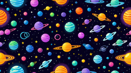 Seamless Repeating Sci-Fi Space Pattern: Futuristic  Neon-Colored Planets with Glowing Rings