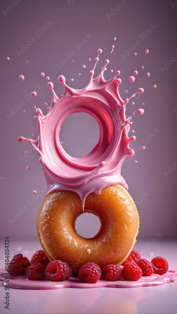 Poster two donuts with raspberries on top, surrounded by pink frosting splattered all around them.