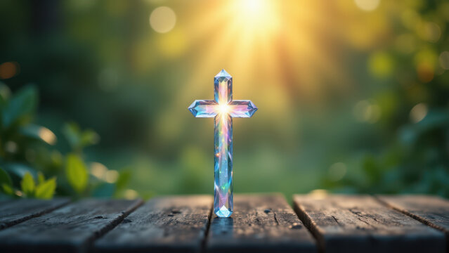 Cross on wooden path with blurred forest background.