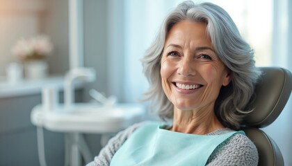Smiling senior woman in dental office chair. Happy elderly lady with healthy white teeth smiles at camera. Waiting for dentist consultation, teeth whitening, dental care, oral health, aging
