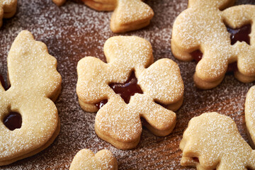 Linzer Easter cookies on a table, closeup