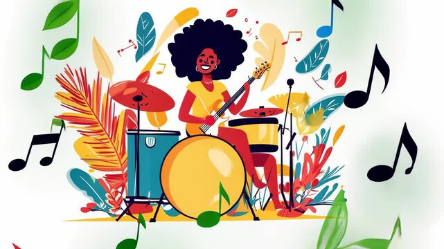 Afro Woman Drummer Cartoon Illustration for Children's Birthday Party Fun
