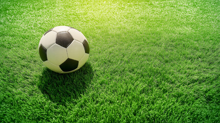 Fototapeta premium Classic soccer ball on a synthetic turf field, illuminated by warm sunlight, evoking the spirit of summer games