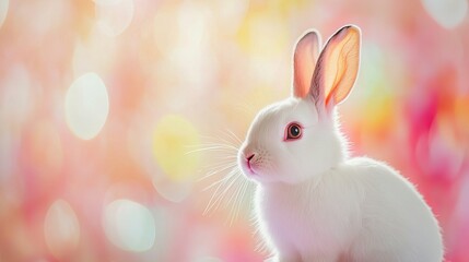 Cute white bunny rabbit portrait on pastel background easter spring animal pet adorable fluffy cottontail ears bokeh