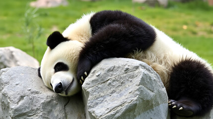 Obraz premium Adorable giant panda bear sleeping on rock