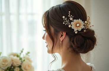 Naklejka premium Close-up bridal hairstyle. Elegant woman shows wedding hairstyle with delicate hair accessory. Beautiful female model has stylish bun. Perfect hair for special day. Luxury bridal design, modern trend.