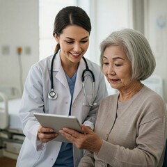 Smiling healthcare worker with tablet supporting patient in hospital