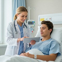 Smiling healthcare worker with tablet supporting patient in hospital