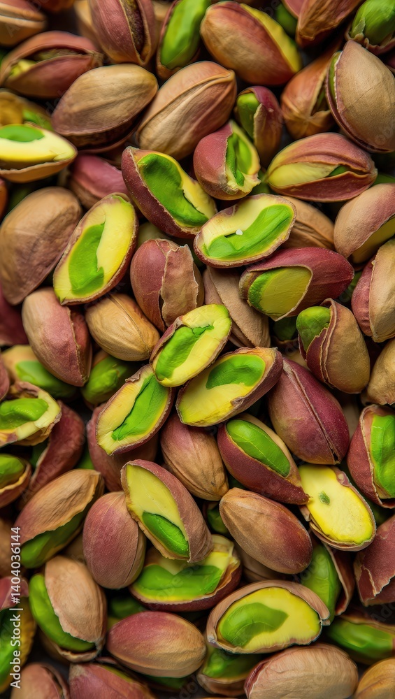 Poster pile of green and red nuts with shells open, showing creamy white interiors.