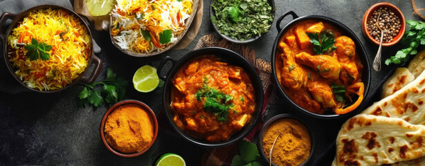 Assorted indian food on black background.. 
