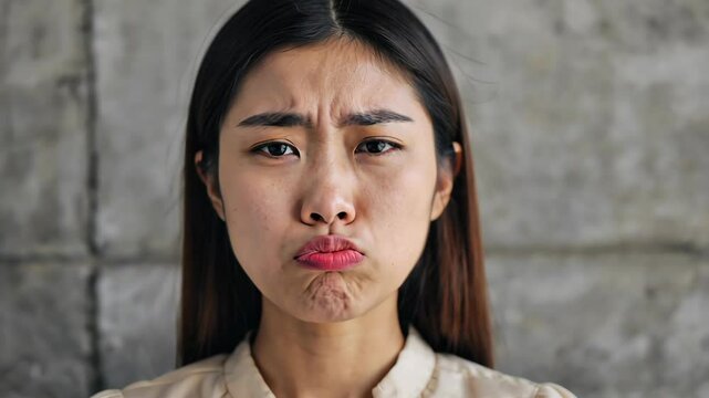Portrait of a pouting young woman with an upset expression, against a grey textured background, looking directly at the camera.