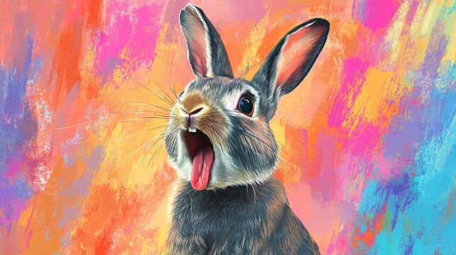 Funny bunny rabbit art print poster, cute animal illustration, easter pet portrait, colorful background