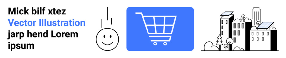 happy face with text, blue shopping cart icon, and urban scene with buildings, solar panels, and trees. Ideal for sustainability, e-commerce, urban development, energy positivity technology simple