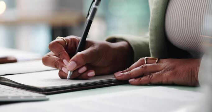 Business woman, hands and writing with notebook for planning, checklist or calendar schedule at desk. Employee, person and journal for notes, agenda or brainstorming for creative ideas in office