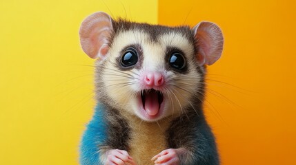 Adorable sugar glider portrait with big eyes and open mouth on yellow and orange background pet photography