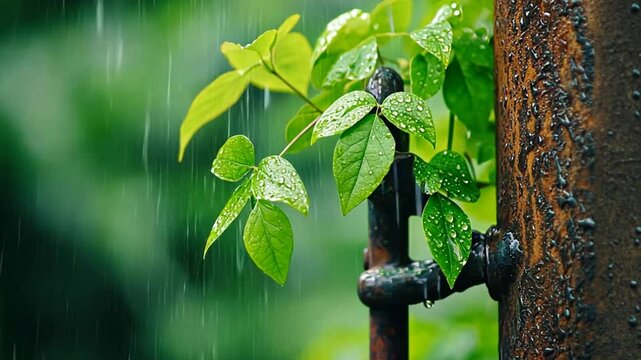 Close-up of vibrant green leaves with raindrops on a rusty metal hinge in a lush background