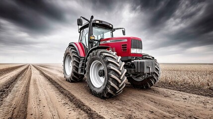 Fototapeta premium Red tractor on a dirt road under a dramatic sky showcasing agricultural machinery concept