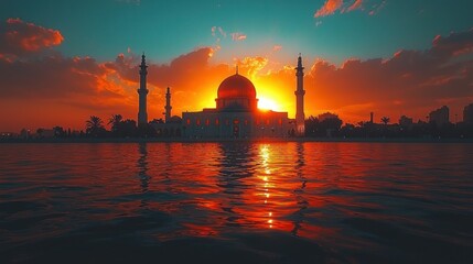 Obraz premium Majestic Mosque Sunset: A Serene Silhouette at Dusk