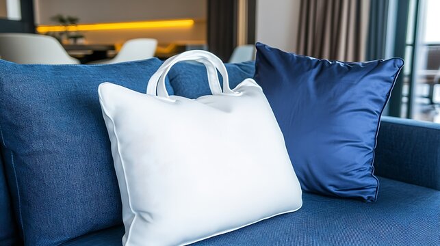 White pillow on blue couch in modern living room. Possible use Interior design, home decor