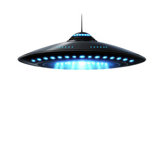 futuristic flying saucer with glowing blue lights hovers in dark sky, showcasing sleek, metallic design. UFO emits mysterious, otherworldly aura