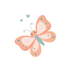 Cute cartoon butterfly with pink wings and a smile. Fun children’s illustration in pastel colors on a white background.
