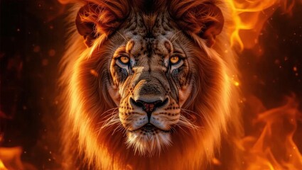 Fototapeta premium Fiery Lion Portrait, Majestic Mane in Flames