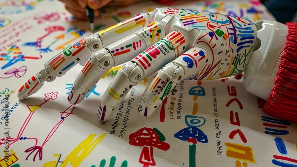 Poster A robotic hand decorated with bright colors is drawing intricate patterns on paper at an art workshop, showcasing the blend of technology and creativity. The focus is on innovation in art.