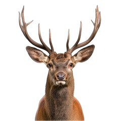 majestic deer with large antlers stands facing forward, showcasing its impressive and symmetrical antler structure. deer alert expression and detailed fur texture are captured beautifully