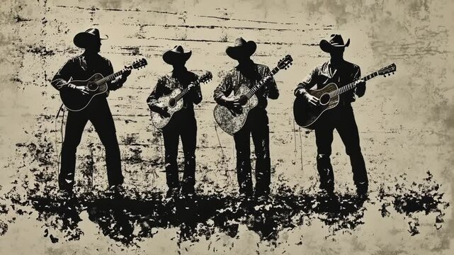 Tex Mex Country Band Cartoon Silhouette with Guitar and Cowboy Hat in Farm Setting