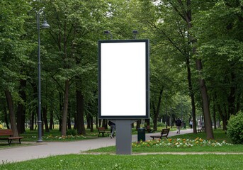 Blank billboard mockup in green city park with walking path and trees. Outdoor advertising display in urban recreation area with copy space for promotion and marketing