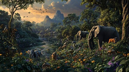 Wildlife sanctuary jungle landscape with elephants and diverse animals nature conservation scenic view