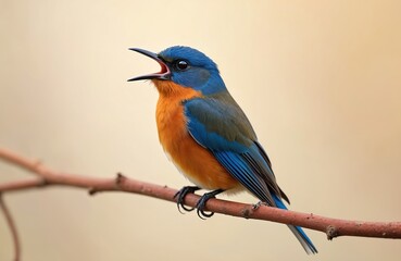 Obraz premium Bluethroat bird singing sitting on branch. Luscinia svecica species. Blue, orange, green, black, white colors, wildlife nature background. Ornithology study portrait with open beak.