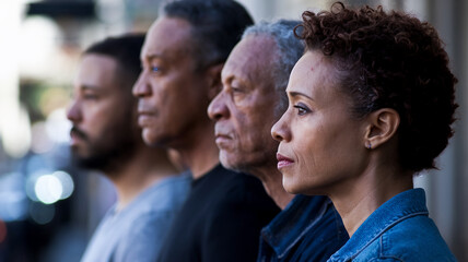 Obraz premium Close-up of four adult faces in profile, showcasing diverse ethnicities and ages, symbolizing unity, community, or family portrait