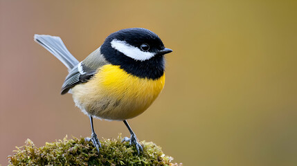 Obraz premium Small Yellow And Black Bird Perched On Green Moss