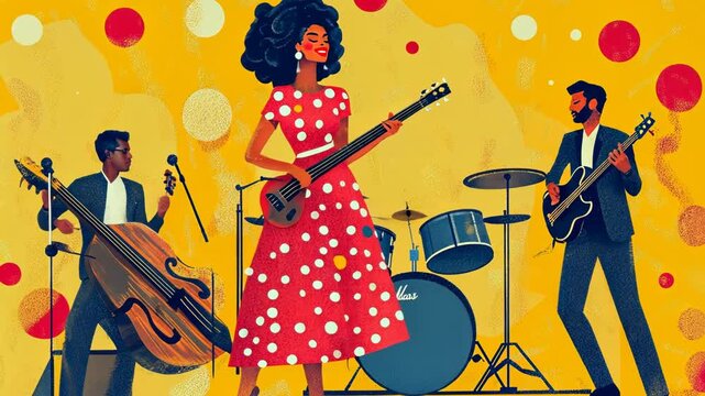 Dynamic Group of Musicians Playing Guitar and Cello on Stage at Rock and Jazz Concert