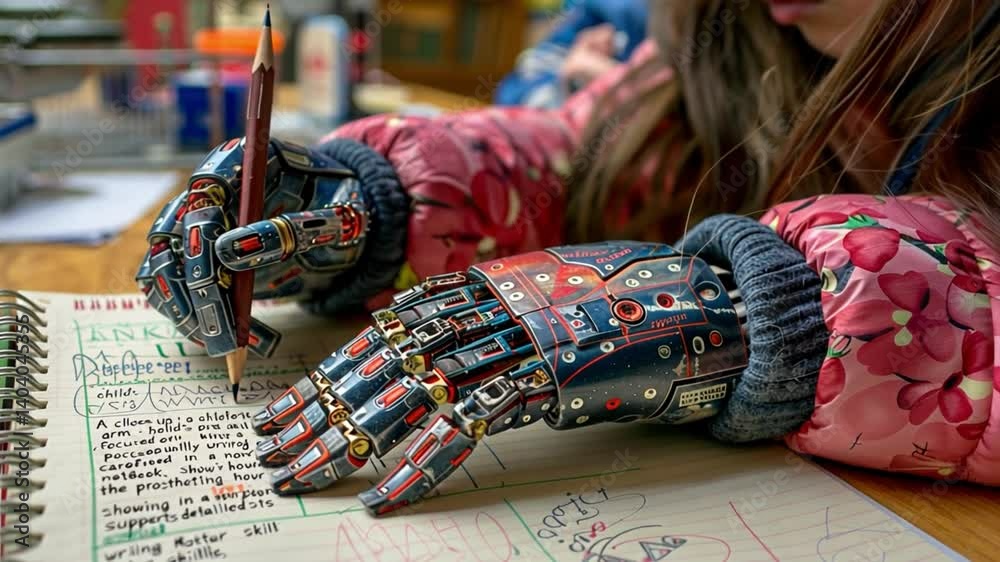 Aufkleber A child with a bright robotic hand is focused on writing in a notebook while surrounded by school supplies in a vibrant classroom.