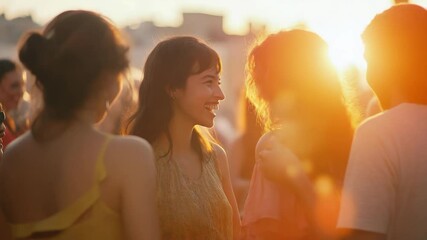 Group of friends enjoying sunset smiles at outdoor gathering  